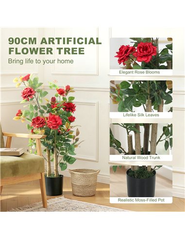 HOMCOM 90cm Artificial Rose Tree, Decorative Fake Plant with 344 Silk Leaves 17 Flowers for Outdoor Indoor Decor, Red