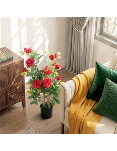 HOMCOM 90cm Artificial Rose Tree, Decorative Fake Plant with 344 Silk Leaves 17 Flowers for Outdoor Indoor Decor, Red