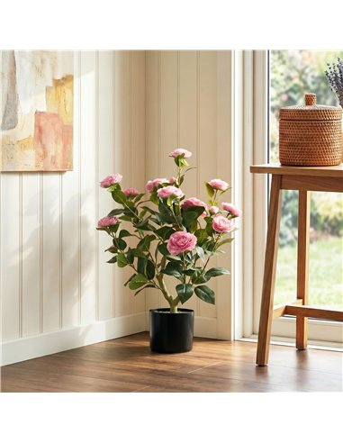 HOMCOM 65cm Artificial Camellia Flower Plant in Pot with 116 Lush Leaves & Moss Effect, Pink