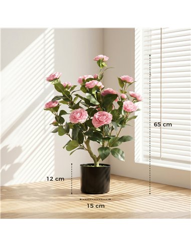 HOMCOM 65cm Artificial Camellia Flower Plant in Pot with 116 Lush Leaves & Moss Effect, Pink