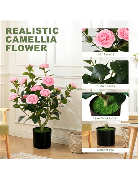 HOMCOM 65cm Artificial Camellia Flower Plant in Pot with 116 Lush Leaves & Moss Effect, Pink - pic 192742 | FastDaddyshop