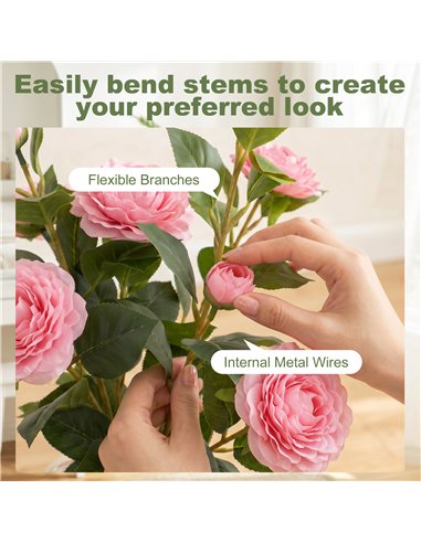 HOMCOM 65cm Artificial Camellia Flower Plant in Pot with 116 Lush Leaves & Moss Effect, Pink