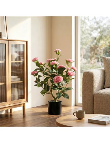 HOMCOM 65cm Artificial Camellia Flower Plant in Pot with 116 Lush Leaves & Moss Effect, Pink