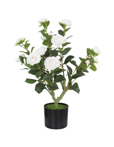 HOMCOM 65cm Artificial Camellia Flower Plant in Pot with 116 Lush Leaves & Moss Effect, White - pic 192748 | FastDaddyshop