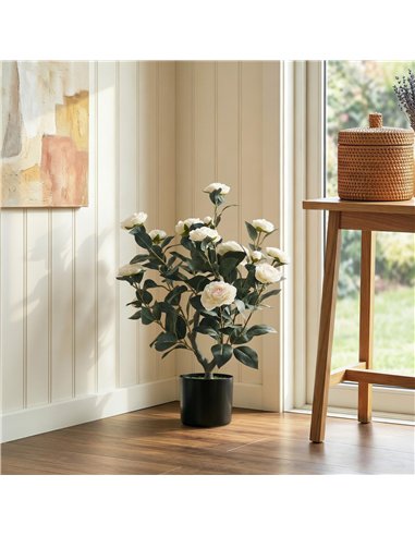 HOMCOM 65cm Artificial Camellia Flower Plant in Pot with 116 Lush Leaves & Moss Effect, White
