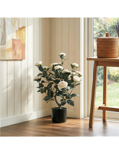 HOMCOM 65cm Artificial Camellia Flower Plant in Pot with 116 Lush Leaves & Moss Effect, White - pic 192749 | FastDaddyshop
