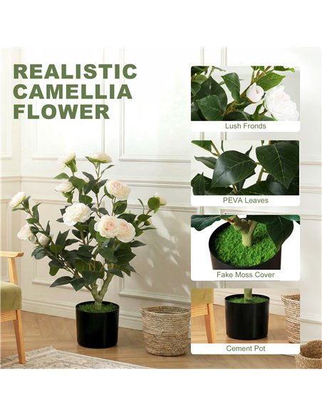 HOMCOM 65cm Artificial Camellia Flower Plant in Pot with 116 Lush Leaves & Moss Effect, White - pic 192751 | FastDaddyshop
