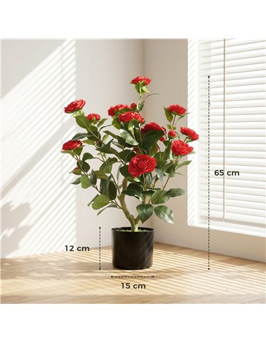 HOMCOM 65cm Artificial Camellia Flower Plant in Pot with 116 Lush Leaves & Moss Effect, Red