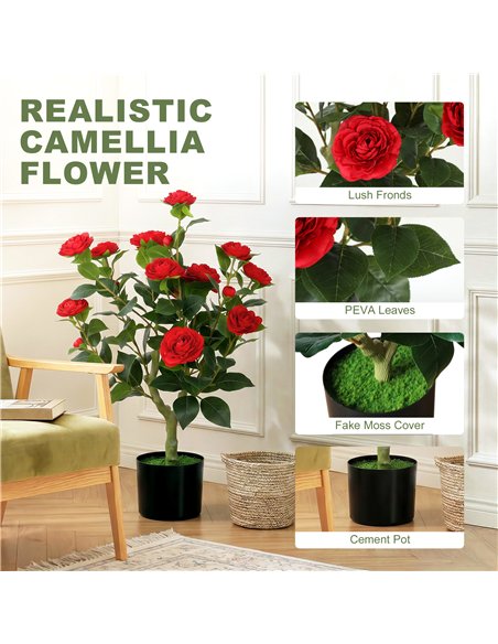 HOMCOM 65cm Artificial Camellia Flower Plant in Pot with 116 Lush Leaves & Moss Effect, Red - pic 192760 | FastDaddyshop