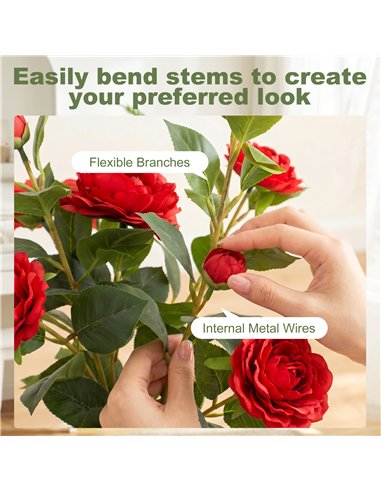 HOMCOM 65cm Artificial Camellia Flower Plant in Pot with 116 Lush Leaves & Moss Effect, Red