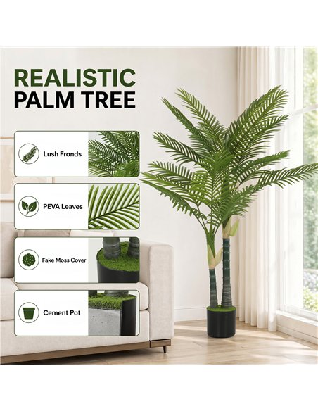 HOMCOM Artificial Palm Tree with 16 PEVA Leaves, 150cm Decorative Artificial Plant with Pot and Moss Effect, Green - pic 192769 | FastDaddyshop