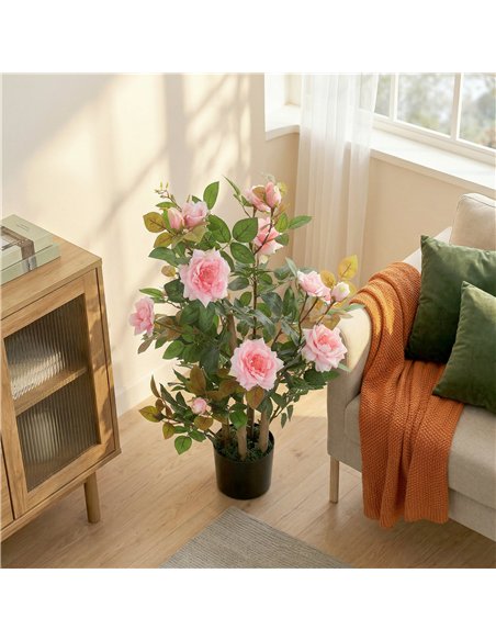 HOMCOM 90cm Artificial Rose Tree, Decorative Fake Plant with 344 Silk Leaves 17 Flowers for Outdoor Indoor Decor, Pink - pic 192781 | FastDaddyshop