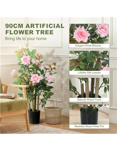 HOMCOM 90cm Artificial Rose Tree Set of 2, Decorative Fake Plant with 344 Silk Leaves 17 Flowers for Outdoor Indoor Decor, Pink