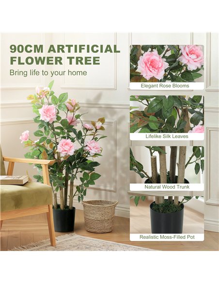 HOMCOM 90cm Artificial Rose Tree Set of 2, Decorative Fake Plant with 344 Silk Leaves 17 Flowers for Outdoor Indoor Decor, Pink - pic 192797 | FastDaddyshop