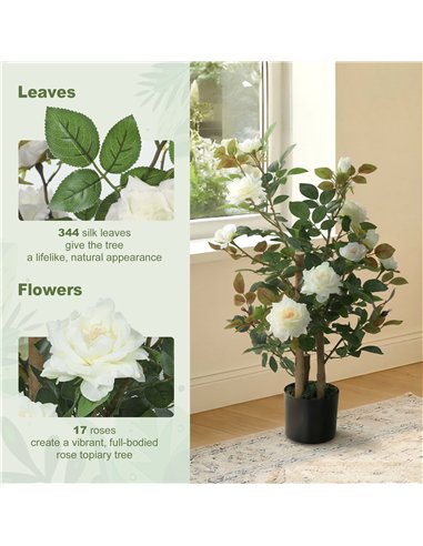 HOMCOM 90cm Artificial Rose Tree, Decorative Fake Plant with 344 Silk Leaves 17 Flowers for Outdoor Indoor Decor, White