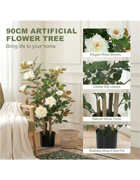 HOMCOM 90cm Artificial Rose Tree, Decorative Fake Plant with 344 Silk Leaves 17 Flowers for Outdoor Indoor Decor, White - pic 192815 | FastDaddyshop