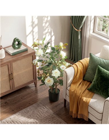 HOMCOM 90cm Artificial Rose Tree, Decorative Fake Plant with 344 Silk Leaves 17 Flowers for Outdoor Indoor Decor, White