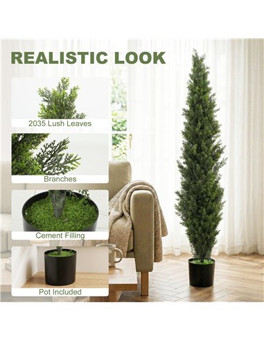 HOMCOM Set of 2 Decorative Artificial Plants Cypress in Weighted Pot, Fake Plant with 2035 Leaves, 150 cm