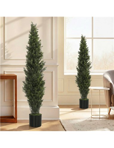 HOMCOM Set of 2 Decorative Artificial Plants Cypress in Weighted Pot, Fake Plant with 2035 Leaves, 150 cm