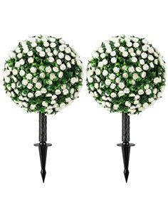 HOMCOM Artificial Rose Topiary UV Resistant, 2-Pack Fake Plants, 55 cm, White