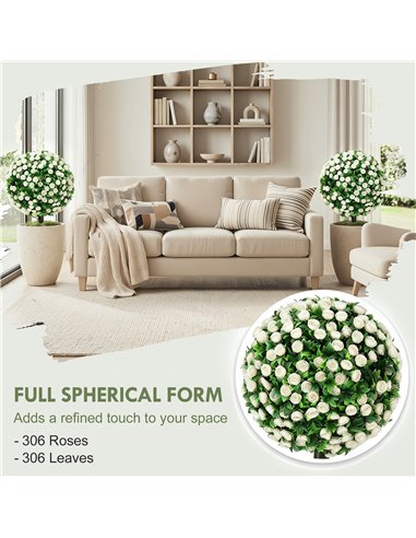 HOMCOM Artificial Rose Topiary UV Resistant, 2-Pack Fake Plants, 55 cm, White