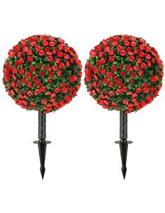 HOMCOM Artificial Rose Topiary UV Resistant, 2-Pack Fake Plants, 55 cm, Red