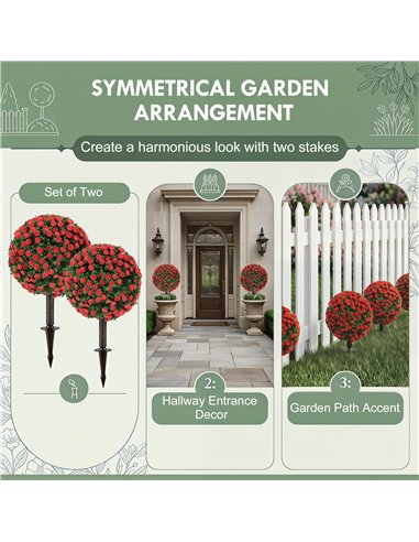 HOMCOM Artificial Rose Topiary UV Resistant, 2-Pack Fake Plants, 55 cm, Red