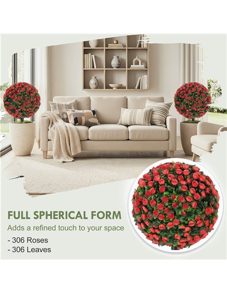 HOMCOM Artificial Rose Topiary UV Resistant, 2-Pack Fake Plants, 55 cm, Red - pic 192907 | FastDaddyshop