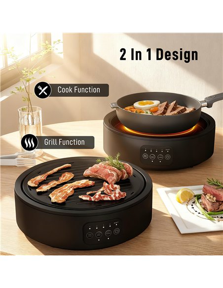 HOMCOM Electric Ceramic Hob with Grill Plate, Multifunctional 36cm Plug in Electric Hob with 4 Heat Levels for All Type Pot - pic 192958 | FastDaddyshop