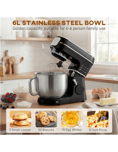 HOMCOM Stand Mixer, 6L 1400W Tilt-Head Food Mixer with 11 Speeds, Pulse & Fermentation Function, LED Display, Black