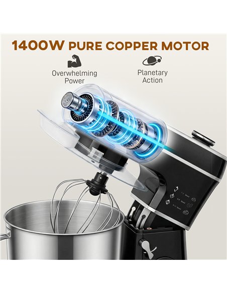 HOMCOM Stand Mixer, 6L 1400W Tilt-Head Food Mixer with 11 Speeds, Pulse & Fermentation Function, LED Display, Black - pic 192970 | FastDaddyshop