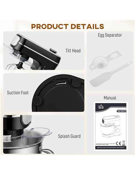HOMCOM Stand Mixer, 6L 1400W Tilt-Head Food Mixer with 11 Speeds, Pulse & Fermentation Function, LED Display, Black - pic 192971 | FastDaddyshop