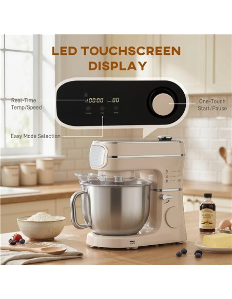 HOMCOM Stand Mixer, 6L 1400W Tilt-Head Food Mixer with 11 Speeds, Pulse & Fermentation Function, LED Display, Cream - pic 192976 | FastDaddyshop