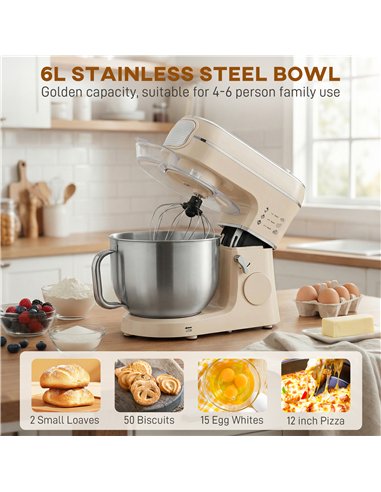 HOMCOM Stand Mixer, 6L 1400W Tilt-Head Food Mixer with 11 Speeds, Pulse & Fermentation Function, LED Display, Cream