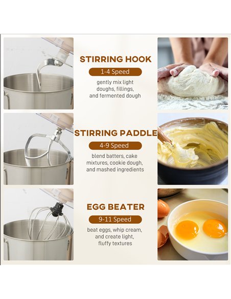 HOMCOM Stand Mixer, 6L 1400W Tilt-Head Food Mixer with 11 Speeds, Pulse & Fermentation Function, LED Display, Cream - pic 192978 | FastDaddyshop