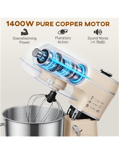 HOMCOM Stand Mixer, 6L 1400W Tilt-Head Food Mixer with 11 Speeds, Pulse & Fermentation Function, LED Display, Cream