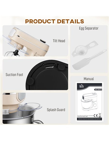 HOMCOM Stand Mixer, 6L 1400W Tilt-Head Food Mixer with 11 Speeds, Pulse & Fermentation Function, LED Display, Cream - pic 192980 | FastDaddyshop