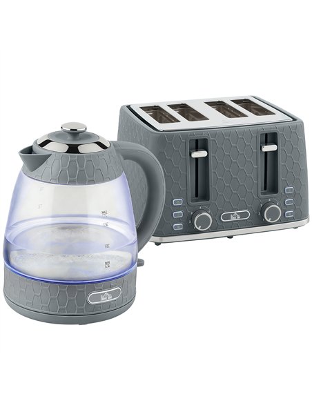 HOMCOM Kettle and Toaster Set, 1.7L 3000W Rapid Kettle with Strix Thermostat, 4 Slice Toaster with 7 Browning Controls, Grey - pic 192982 | FastDaddyshop