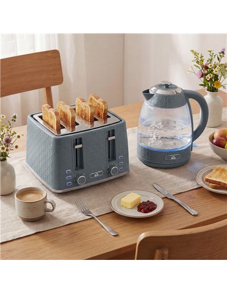 HOMCOM Kettle and Toaster Set, 1.7L 3000W Rapid Kettle with Strix Thermostat, 4 Slice Toaster with 7 Browning Controls, Grey - pic 192983 | FastDaddyshop