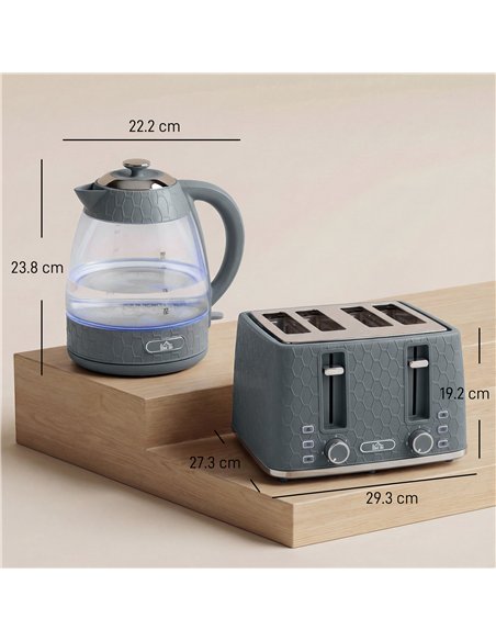 HOMCOM Kettle and Toaster Set, 1.7L 3000W Rapid Kettle with Strix Thermostat, 4 Slice Toaster with 7 Browning Controls, Grey - pic 192984 | FastDaddyshop