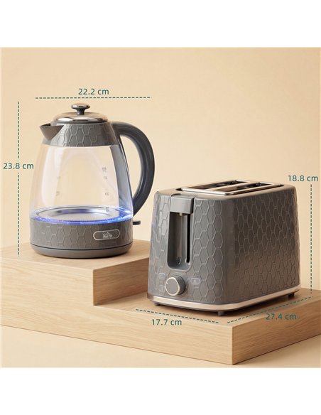 HOMCOM Kettle and Toaster Set, 1.7L 3000W Rapid Kettle with Limescale Filter, 2 Slice Toaster with 7 Browning Controls, Grey - pic 192993 | FastDaddyshop