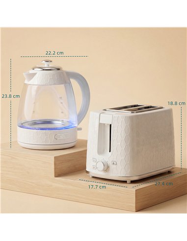 HOMCOM Kettle and Toaster Set, 1.7L 3000W Rapid Kettle with Limescale Filter, 2 Slice Toaster with 7 Browning Controls, Cream