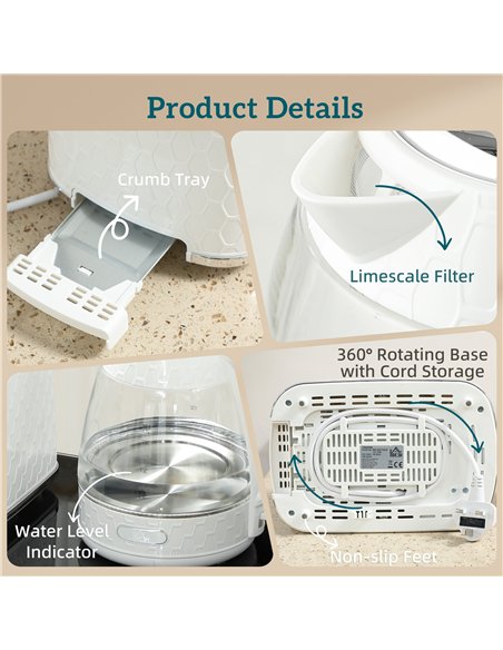 HOMCOM Kettle and Toaster Set, 1.7L 3000W Rapid Kettle with Limescale Filter, 2 Slice Toaster with 7 Browning Controls, Cream - pic 193008 | FastDaddyshop