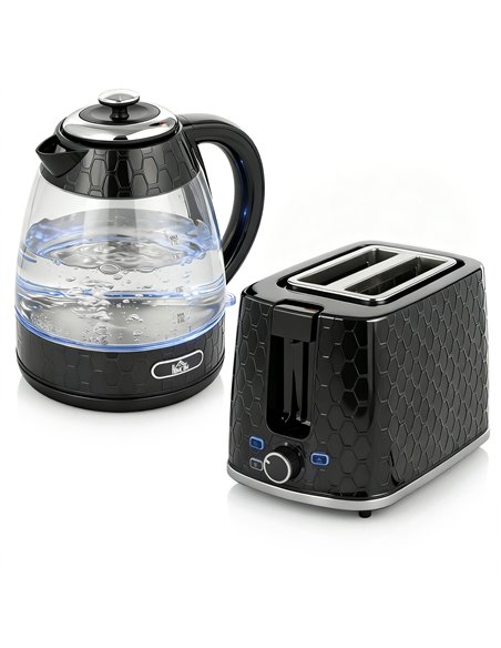 HOMCOM Kettle and Toaster Set, 1.7L 3000W Rapid Kettle with Limescale Filter, 2 Slice Toaster with 7 Browning Controls, Black - pic 193009 | FastDaddyshop