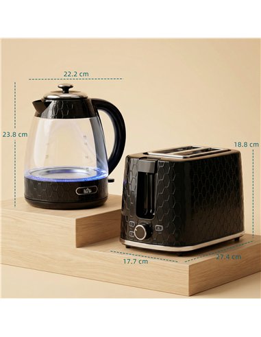 HOMCOM Kettle and Toaster Set, 1.7L 3000W Rapid Kettle with Limescale Filter, 2 Slice Toaster with 7 Browning Controls, Black