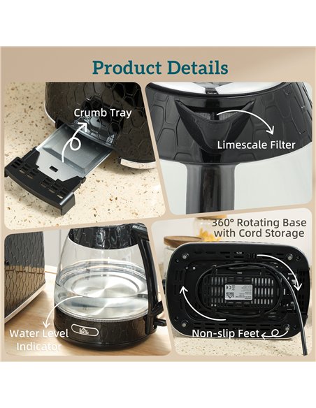 HOMCOM Kettle and Toaster Set, 1.7L 3000W Rapid Kettle with Limescale Filter, 2 Slice Toaster with 7 Browning Controls, Black - pic 193017 | FastDaddyshop