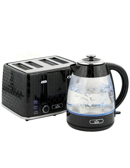HOMCOM Kettle and Toaster Set, 1.7L 3000W Rapid Kettle with Strix Thermostat, 4 Slice Toaster with 7 Browning Controls, Black - pic 193027 | FastDaddyshop