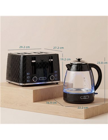 HOMCOM Kettle and Toaster Set, 1.7L 3000W Rapid Kettle with Strix Thermostat, 4 Slice Toaster with 7 Browning Controls, Black