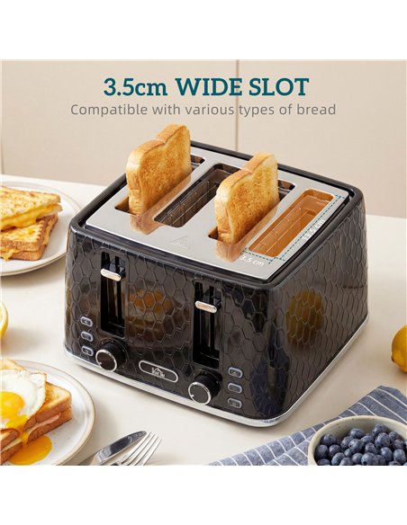 HOMCOM Kettle and Toaster Set, 1.7L 3000W Rapid Kettle with Strix Thermostat, 4 Slice Toaster with 7 Browning Controls, Black - pic 193034 | FastDaddyshop