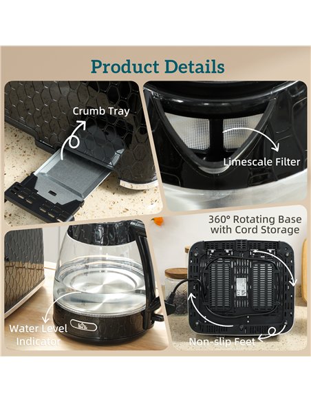HOMCOM Kettle and Toaster Set, 1.7L 3000W Rapid Kettle with Strix Thermostat, 4 Slice Toaster with 7 Browning Controls, Black - pic 193035 | FastDaddyshop